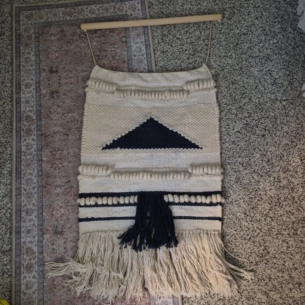 Vintage Handcrafted Cotton wool Handwoven Blue Ivory Tassel Boho wall hanging